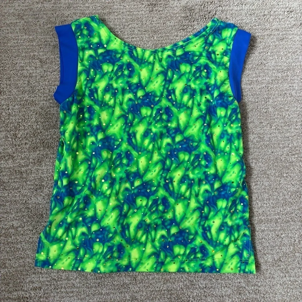 Blue , Green and Purple Dance Costume Short Sleeve Top and Pants - Size Large